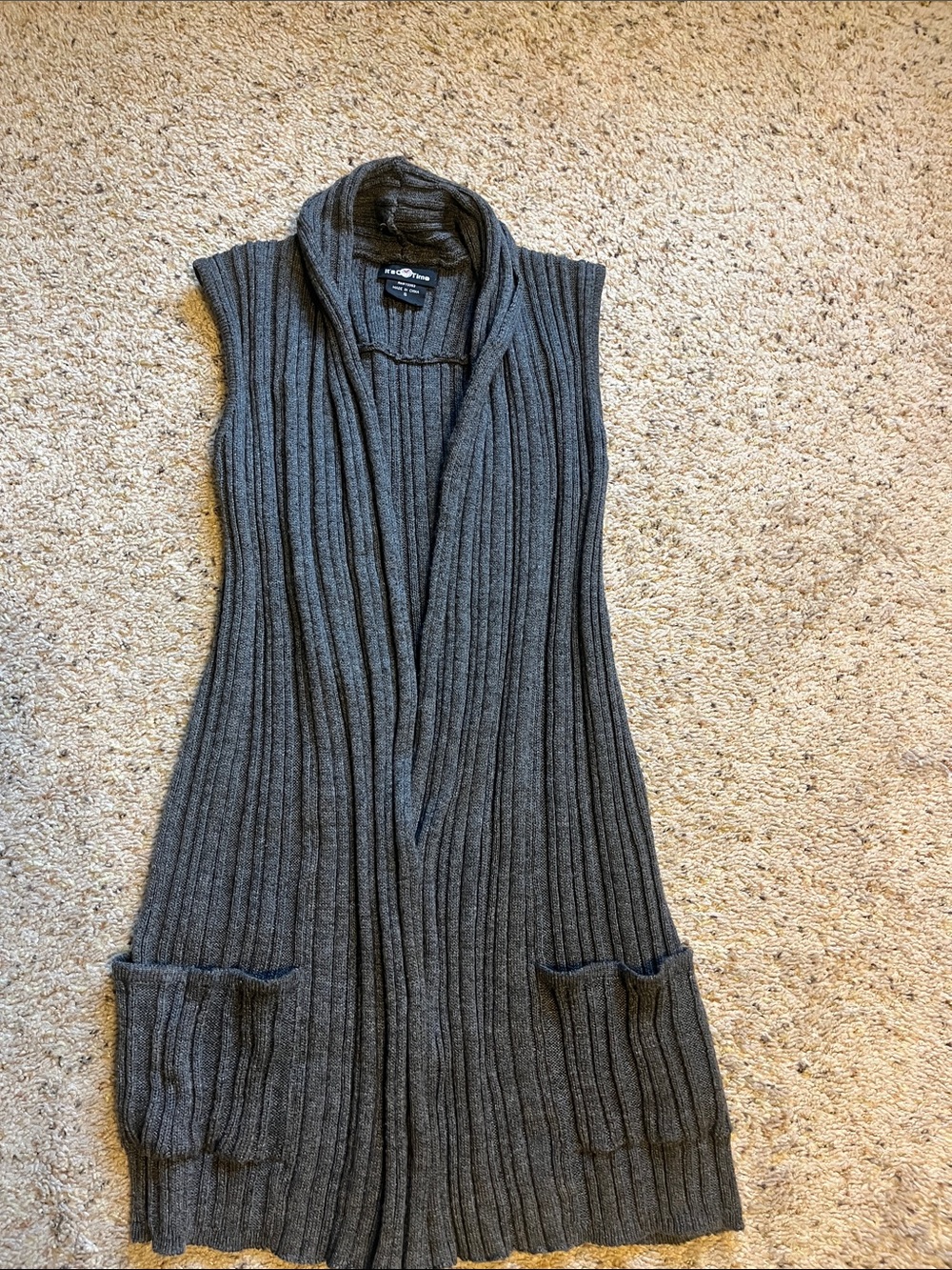It's Our Time Ribbed Sleeveless Long Cardigan Vest - Dark Gray